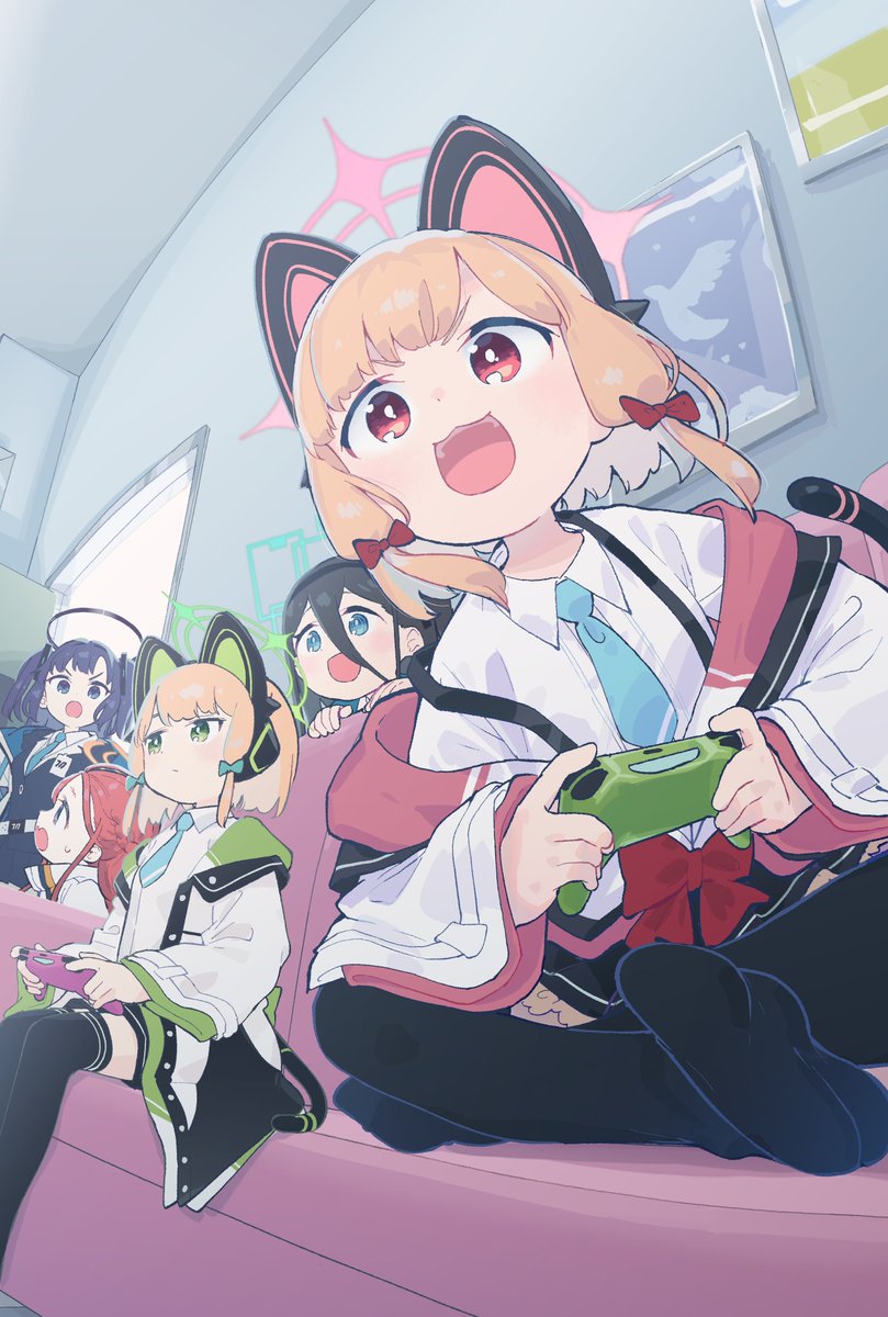 5girls animal_ears aris_(blue_archive) black_hair black_halo black_thighhighs blonde_hair blue_archive blue_bow blue_eyes blue_necktie bow closed_mouth commentary_request controller couch fake_animal_ears game_controller green_eyes green_halo hair_between_eyes hair_bow halo highres holding holding_controller holding_game_controller indoors jacket long_bangs long_hair long_sleeves looking_ahead looking_at_another midori_(blue_archive) mizu_asato momoi_(blue_archive) multiple_girls multiple_views necktie on_couch open_mouth orange_halo pink_halo red_bow red_eyes red_hair shirt sidelocks sitting smile soles sweat thighhighs two_side_up v-shaped_eyebrows white_jacket white_shirt yuuka_(blue_archive) yuzu_(blue_archive)
