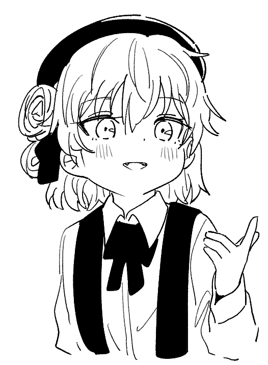 1girl beret blush collared_shirt commentary_request cropped_torso dress_shirt fangs flower greyscale hair_flower hair_ornament hair_ribbon hand_up hat hatoba_tsugu index_finger_raised long_sleeves looking_at_viewer mole mole_under_eye monochrome neck_ribbon open_mouth ribbon rose shirt short_hair simple_background smile solo suspenders tonmoh tsugu_(vtuber) upper_body virtual_youtuber