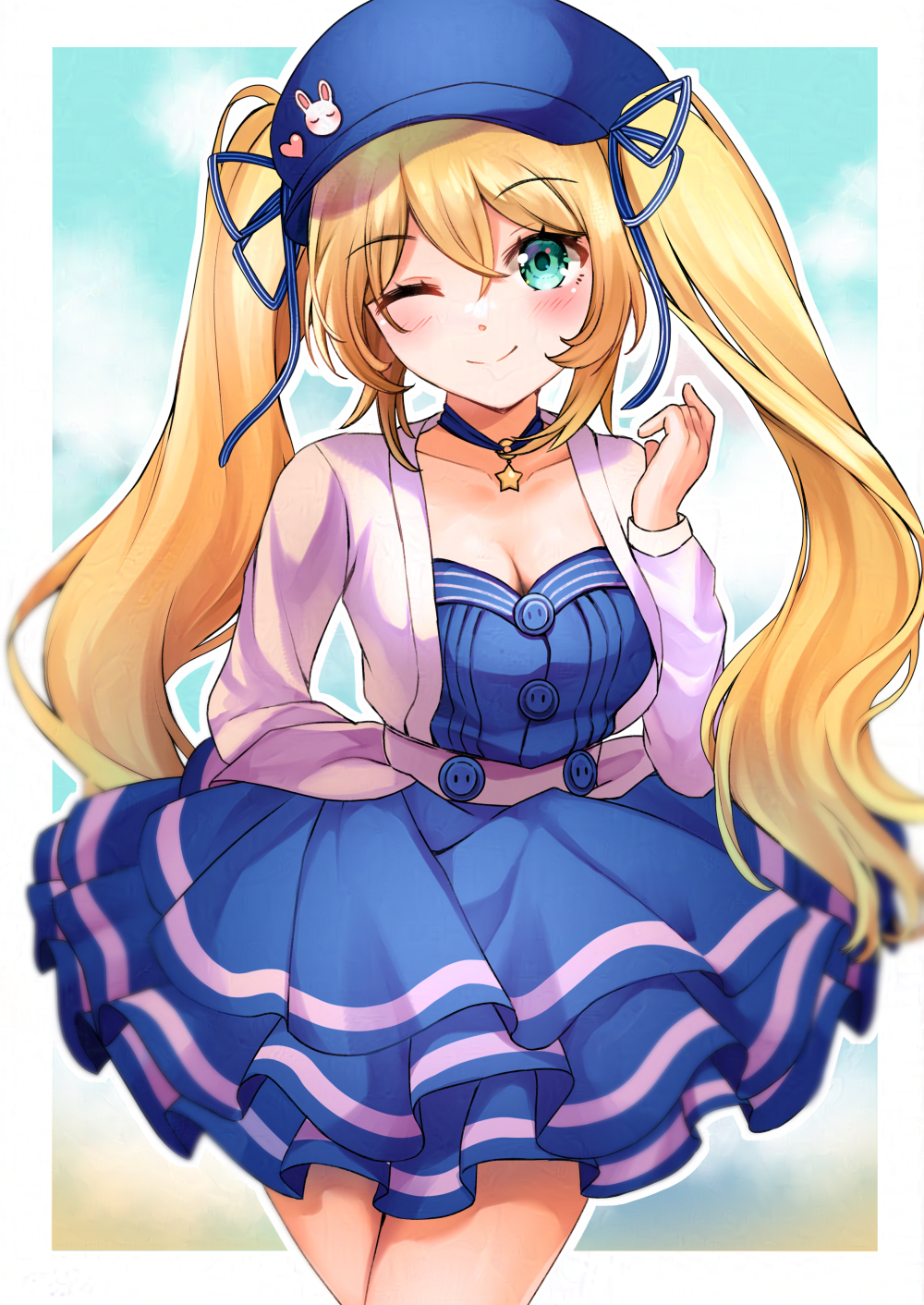 1girl ;) arm_behind_back blonde_hair blue_choker blue_hat blue_shirt blue_skirt blush breasts cabbie_hat choker cleavage closed_mouth crossed_legs dokibird_(vtuber) frilled_skirt frills green_eyes hair_ribbon hand_up hat highres indie_virtual_youtuber jacket layered_skirt long_hair medium_breasts mia_mikhail one_eye_closed open_clothes open_jacket ribbon shirt skirt skirt_set smile twintails virtual_youtuber watson_cross white_jacket