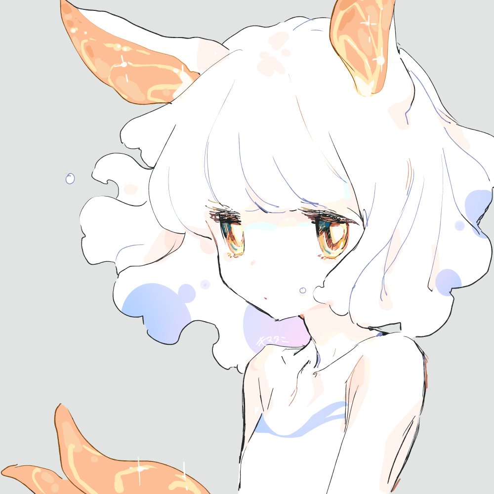 1girl animal_ears artist_name closed_mouth commentary_request grey_background kinutani_yutaka looking_at_viewer monster_girl orange_eyes original pale_skin sea_slug_girl short_hair simple_background solo tail upper_body white_hair