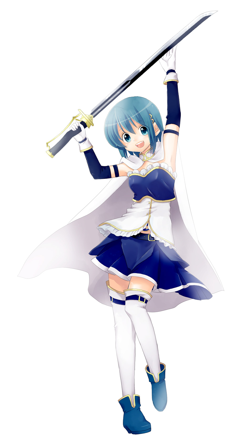 armband armpits arms_up bad_id bad_pixiv_id blue_eyes blue_hair cape gloves hair_ornament hairclip highres hina-uta magical_girl mahou_shoujo_madoka_magica miki_sayaka open_mouth short_hair simple_background smile solo soul_gem sword thighhighs weapon white_background zettai_ryouiki