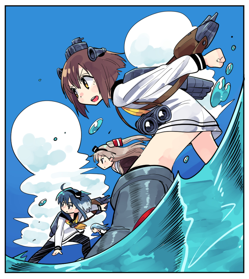 4girls adapted_turret amatsukaze_(kancolle) binoculars black_choker black_pantyhose black_sailor_collar blue_hair blue_sky boots border brown_hair brown_shirt choker clip_studio_paint_(medium) cloud colored_tips day floating_hair foreshortening from_side hat hatsukaze_(kancolle) kantai_collection long_hair long_sleeves looking_ahead mini_hat multicolored_hair multiple_girls neckerchief no_pants open_mouth outdoors pantyhose profile rigging sailor_collar serious shirt short_hair shoulder_strap sidelocks sky speaking_tube_headset standing standing_on_liquid tokitsukaze_(kancolle) tonmoh v-shaped_eyebrows water water_drop white_border white_hair white_sailor_collar white_shirt yellow_eyes yellow_neckerchief yukikaze_(kancolle)