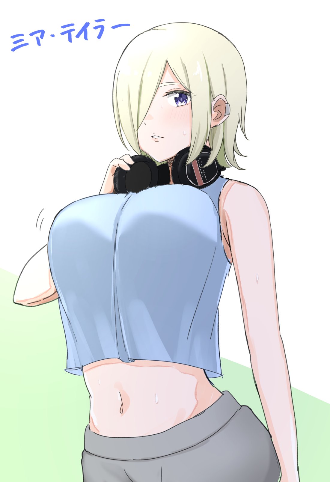 1girl alternate_breast_size blonde_hair blue_shirt blush breasts commentary_request ear_piercing grey_shorts hair_over_one_eye headphones headphones_around_neck highres large_breasts looking_at_viewer love_live! love_live!_nijigasaki_high_school_idol_club mia_taylor midriff motion_lines navel one_eye_covered parted_lips piercing shirt short_hair shorts sleeveless sleeveless_shirt solo sweat tatsumi432 translation_request upper_body