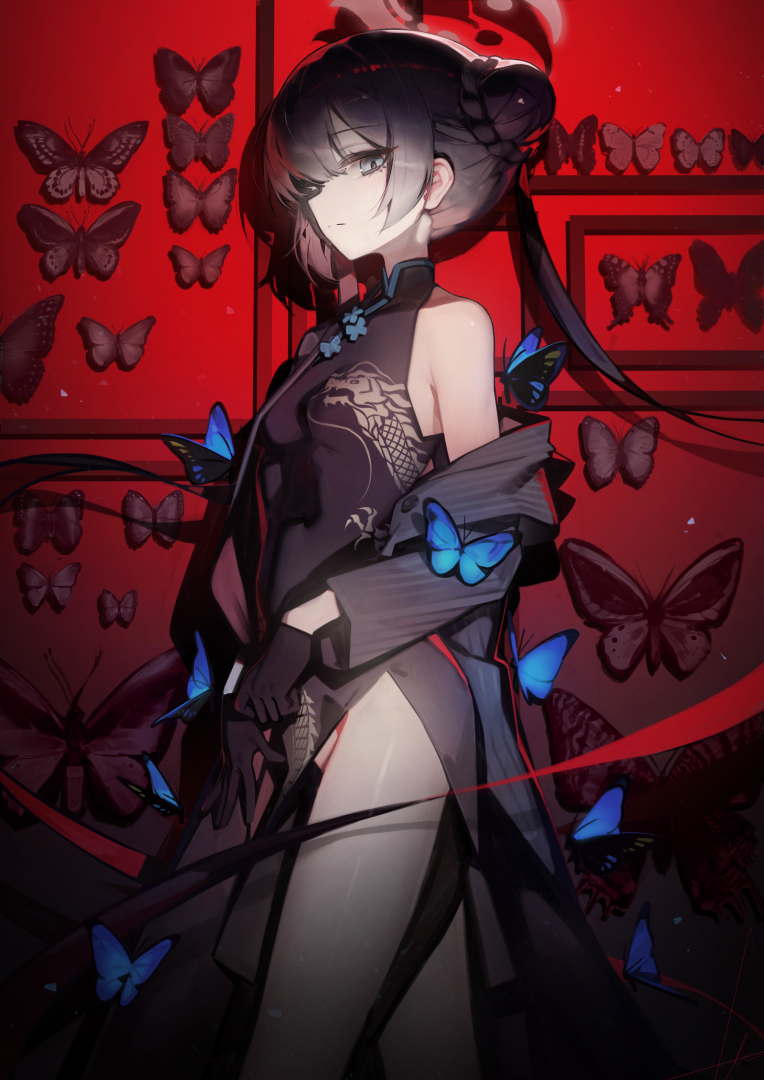 1girl bare_shoulders black_dress black_gloves black_hair blue_archive blue_butterfly breasts bug butterfly closed_mouth cowboy_shot dress gloves hair_between_eyes kisaki_(blue_archive) long_hair long_sleeves looking_at_viewer off_shoulder red_ribbon ribbon ribiadan sleeveless small_breasts solo standing thighs twintails very_long_hair