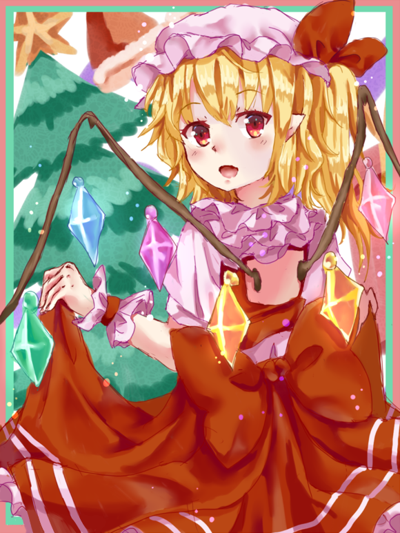 1girl back_cutout blonde_hair christmas_tree clothes_lift clothing_cutout crystal_wings fangdan_chaban flandre_scarlet from_behind hat looking_at_viewer looking_back mob_cap pointy_ears red_eyes red_ribbon ribbon side_ponytail skirt skirt_lift solo touhou wrist_cuffs