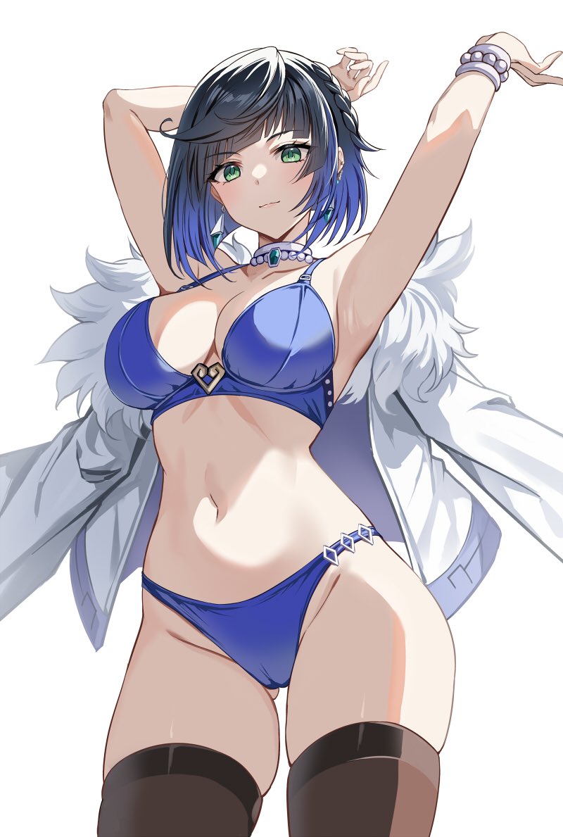 1girl alternate_costume armpits arms_up bikini black_hair black_thighhighs blue_bikini blue_hair bracelet breasts cameltoe closed_mouth commentary_request diagonal_bangs ear_piercing earrings feather-trimmed_jacket genshin_impact gradient_hair green_eyes harimoji jacket jacket_on_shoulders jewelry large_breasts light_smile looking_at_viewer multicolored_hair navel paid_reward_available piercing presenting_armpit short_hair simple_background solo stomach swimsuit thighhighs thighs white_jacket yelan_(genshin_impact)