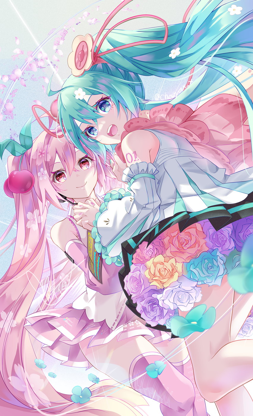 2girls :d bare_legs black_skirt blue_eyes blue_flower blue_hair cherry_hair_ornament closed_mouth detached_sleeves floating_hair flower food-themed_hair_ornament hair_between_eyes hair_ornament hatsune_miku highres holding_hands long_hair long_sleeves magical_mirai_miku magical_mirai_miku_(2021) miniskirt multiple_girls open_mouth pink_flower pink_hair pink_skirt pink_sleeves pink_thighhighs pleated_skirt purple_flower red_eyes red_ribbon ribbon sakura_miku shirt skirt sleeveless sleeveless_shirt smile sunlight thighhighs tyouya very_long_hair vocaloid white_flower white_shirt white_sleeves yellow_flower zettai_ryouiki