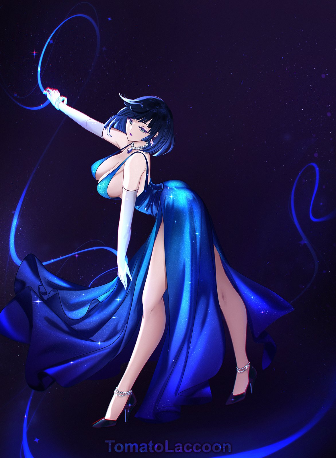 1girl alternate_costume ass bare_legs blue_dress blue_eyes blue_hair bracelet breasts cleavage commentary_request dress elbow_gloves genshin_impact gloves high_heels highres jewelry large_breasts short_hair sleeveless sleeveless_dress solo tomatolacoon white_gloves yelan_(genshin_impact)