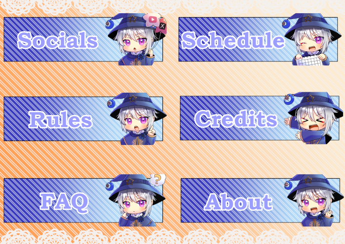 &gt;_&lt; 1boy :d :o ;d ? balloon blue_capelet blue_dress blue_hat border calendar_(object) capelet closed_eyes closed_mouth commentary_request commission copyright_request dress expressions grey_hair hair_between_eyes hat holding holding_balloon index_finger_raised kou_hiyoyo lace lace_border long_sleeves male_focus one_eye_closed orange_background ornate_border purple_eyes sharp_teeth skeb_commission sleeves_past_wrists smile spoken_question_mark star_(symbol) star_balloon striped_background teeth twitter_x_logo virtual_youtuber witch_hat xd youtube_logo