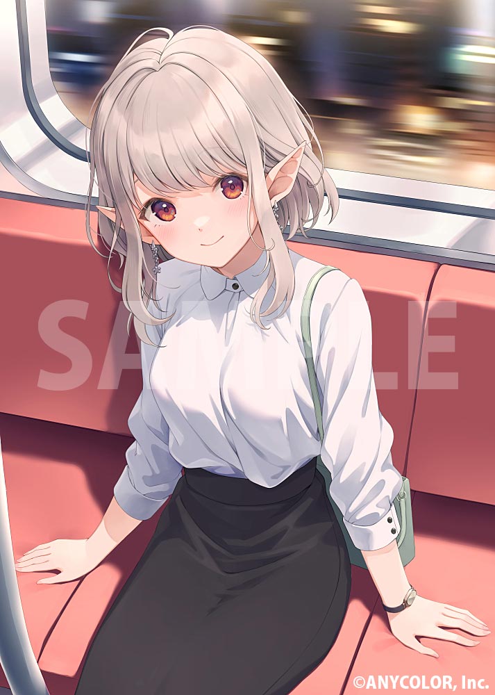 1girl bag black_skirt choppy_bangs closed_mouth collared_shirt copyright_notice cowboy_shot earrings elf elu_(nijisanji) grey_hair jewelry looking_at_viewer motion_blur nijisanji official_art pencil_skirt pointy_ears pole red_eyes sample_watermark shirt shirt_tucked_in short_hair shoulder_bag sidelocks sitting skirt sleeves_past_elbows smile subway train_interior virtual_youtuber watch watermark white_shirt window wristwatch yoshino_ryou