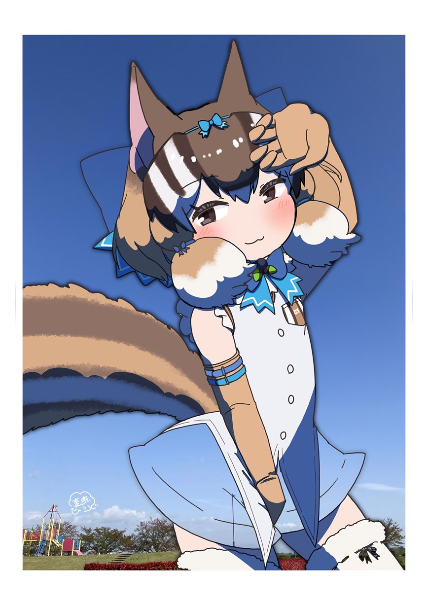 1girl animal_ears brown_eyes brown_hair chipmunk_ears chipmunk_girl chipmunk_tail elbow_gloves extra_ears gloves highres kemono_friends kemono_friends_v_project looking_at_viewer microphone mugise_hitsuji outdoors ribbon shirt short_hair shorts siberian_chipmunk_(kemono_friends) sleeveless sleeveless_shirt solo tail thighhighs vest virtual_youtuber