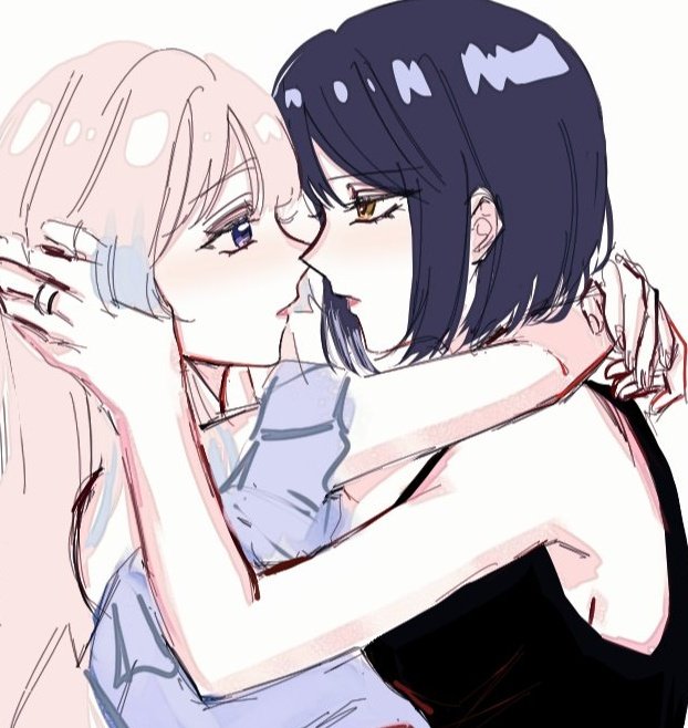2girls arms_around_neck bare_arms black_hair black_shirt commentary eye_contact genshin_impact hand_in_another's_hair hashtag-only_commentary jewelry kujou_sara long_hair looking_at_another multiple_girls noses_touching onigiri_222x714 parted_lips pink_hair purple_eyes ring sangonomiya_kokomi shirt short_hair simple_background sleeveless sleeveless_shirt upper_body white_background yellow_eyes yuri
