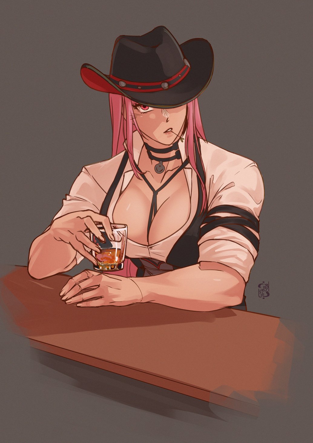 1girl alternate_muscle_size biceps black_choker bodice breasts choker cleavage cowboy cowboy_hat cowboy_western hat hat_ornament highres hololive hololive_english iskaydi large_breasts long_hair low-cut mori_calliope mori_calliope_(sheriff) muscular muscular_female official_alternate_costume pink_hair red_eyes sheriff sheriff_badge shirt skull_choker skull_hat_ornament skull_ornament solo virtual_youtuber white_shirt