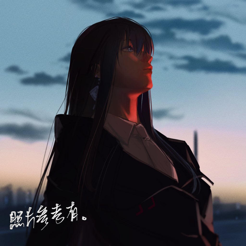 1girl black_coat chinese_commentary chinese_text cloud coat collared_shirt commentary_request dusk earrings horizon jewelry long_hair miix777 necktie outdoors path_to_nowhere rahu_(path_to_nowhere) shirt solo translation_request upper_body white_necktie white_shirt