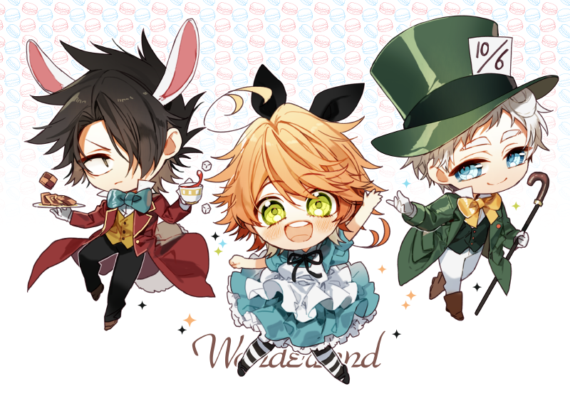 1girl 2boys alice_(alice_in_wonderland) alice_(alice_in_wonderland)_(cosplay) alice_in_wonderland animal_ears apron arm_up black_bow black_eyes black_hair black_ribbon blue_dress bow cosplay dress emma_(yakusoku_no_neverland) green_eyes hair_bow mad_hatter_(alice_in_wonderland) mad_hatter_(alice_in_wonderland)_(cosplay) multiple_boys neck_ribbon norman_(yakusoku_no_neverland) open_mouth orange_hair puffy_short_sleeves puffy_sleeves rabbit_ears rabbit_tail ray_(yakusoku_no_neverland) ribbon sapphire_(nine) short_hair short_sleeves simple_background smile tail white_apron white_background white_hair white_rabbit_(alice_in_wonderland) white_rabbit_(alice_in_wonderland)_(cosplay) yakusoku_no_neverland