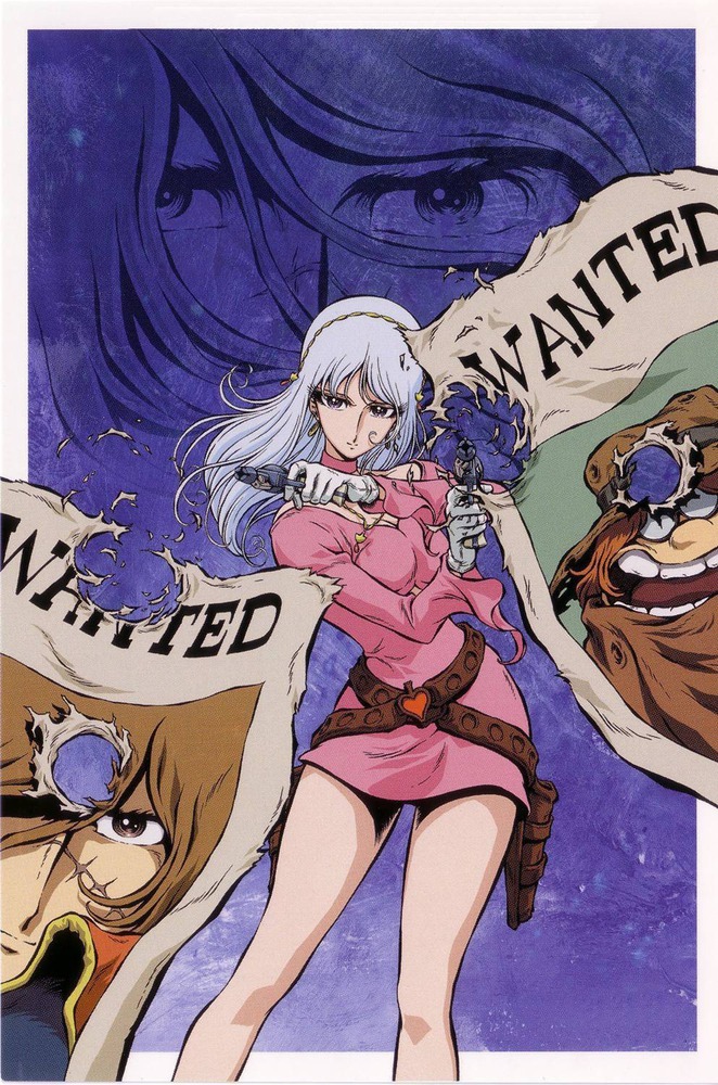 1970s_(style) 1girl 2boys artist_request belt blue_hair brown_hair bullet_hole character_request coat cowboy_western dress earrings glasses gloves gun gun_frontier_(western) harlock hat holster jewelry key_visual matsumoto_leiji_(style) multiple_boys official_art ooyama_toshiro production_art promotional_art retro_artstyle revolver scan scar scar_on_face serious teeth traditional_media wanted weapon