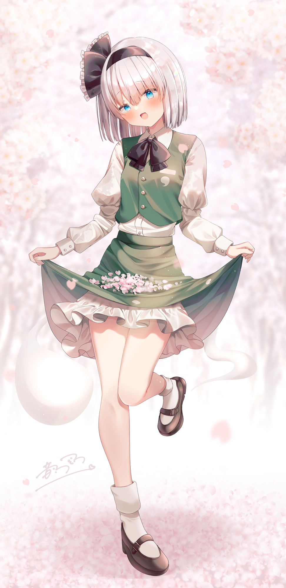 1girl 1other :d ankle_socks black_bow black_bowtie black_footwear black_hairband blue_eyes blush bob_cut bobby_socks bow bow_hairband bowtie cherry_blossoms collared_shirt commentary_request falling_petals full_body green_skirt green_vest hair_between_eyes hairband highres hitodama hitodama_print konpaku_youmu konpaku_youmu_(ghost) long_sleeves looking_at_viewer mary_janes open_mouth otowa_(otoha4634) outdoors petals petticoat puffy_sleeves shirt shoes short_hair signature skirt skirt_hold skirt_set smile socks solo_focus standing thighs touhou tree vest white_hair white_shirt white_socks