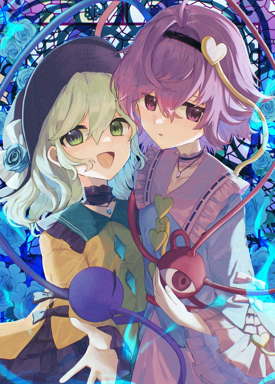 2girls black_hat blue_flower blue_rose blue_shirt buttons choker commentary_request diamond_button eyeball flower frilled_choker frilled_shirt_collar frilled_sleeves frills green_eyes green_hair hair_ornament hairband hat heart heart_button heart_hair_ornament highres jewelry komeiji_koishi komeiji_satori long_sleeves looking_at_viewer multiple_girls open_mouth pendant pink_skirt purple_eyes purple_hair ribbon-trimmed_collar ribbon_trim rose shirt siblings sisters skirt smile stained_glass third_eye touhou tsukikusa wide_sleeves yellow_shirt