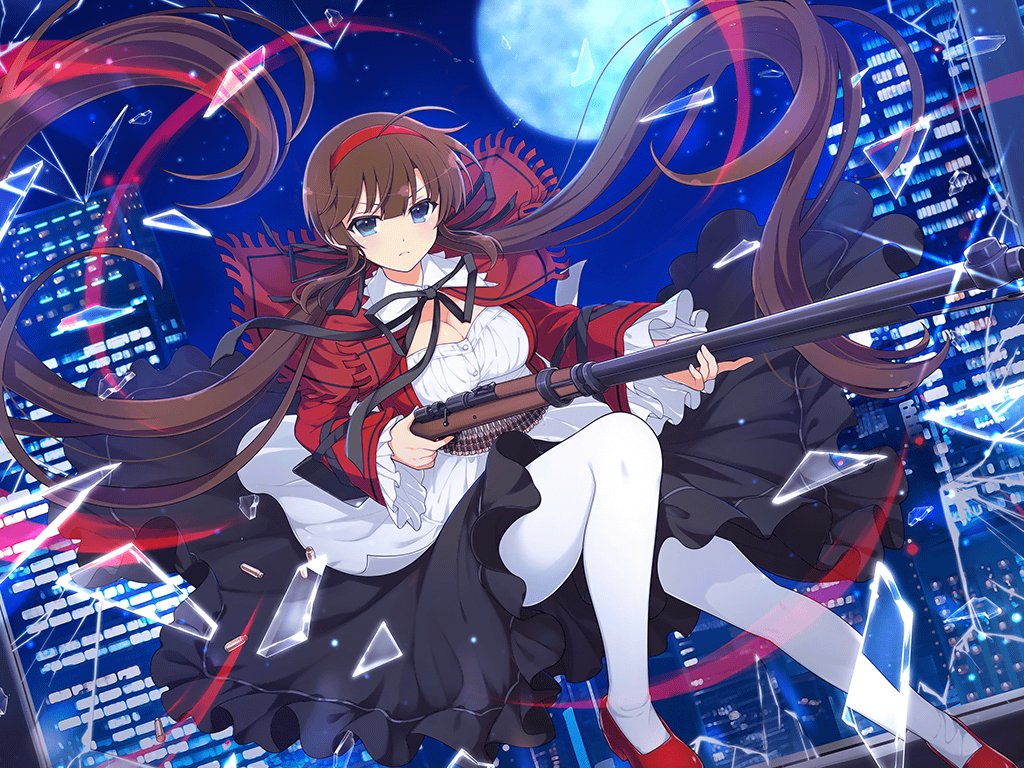 1girl ahoge artistic_error axe bandolier black_dress black_ribbon blue_eyes blunt_bangs bolt_action breasts broken_glass broken_window brown_hair building bullet buttons city city_lights cityscape cleavage dress energy finger_on_trigger floating_hair frilled_dress frilled_sleeves frills full_moon glass gleam gun hair_ribbon hairband holding holding_gun holding_weapon jacket large_breasts light_particles long_hair long_sleeves looking_at_viewer low_twintails mary_janes moon night night_sky official_alternate_eye_color official_art pantyhose red_footwear red_hairband red_jacket red_shawl ribbon rifle ryoubi_(senran_kagura) senran_kagura senran_kagura_new_link senran_kagura_shinovi_versus shawl shirt shoes sidelocks sky skyline skyscraper sniper_rifle solo sparkle star_(sky) starry_sky twintails v-shaped_eyebrows very_long_hair weapon white_pantyhose white_shirt window yaegashi_nan