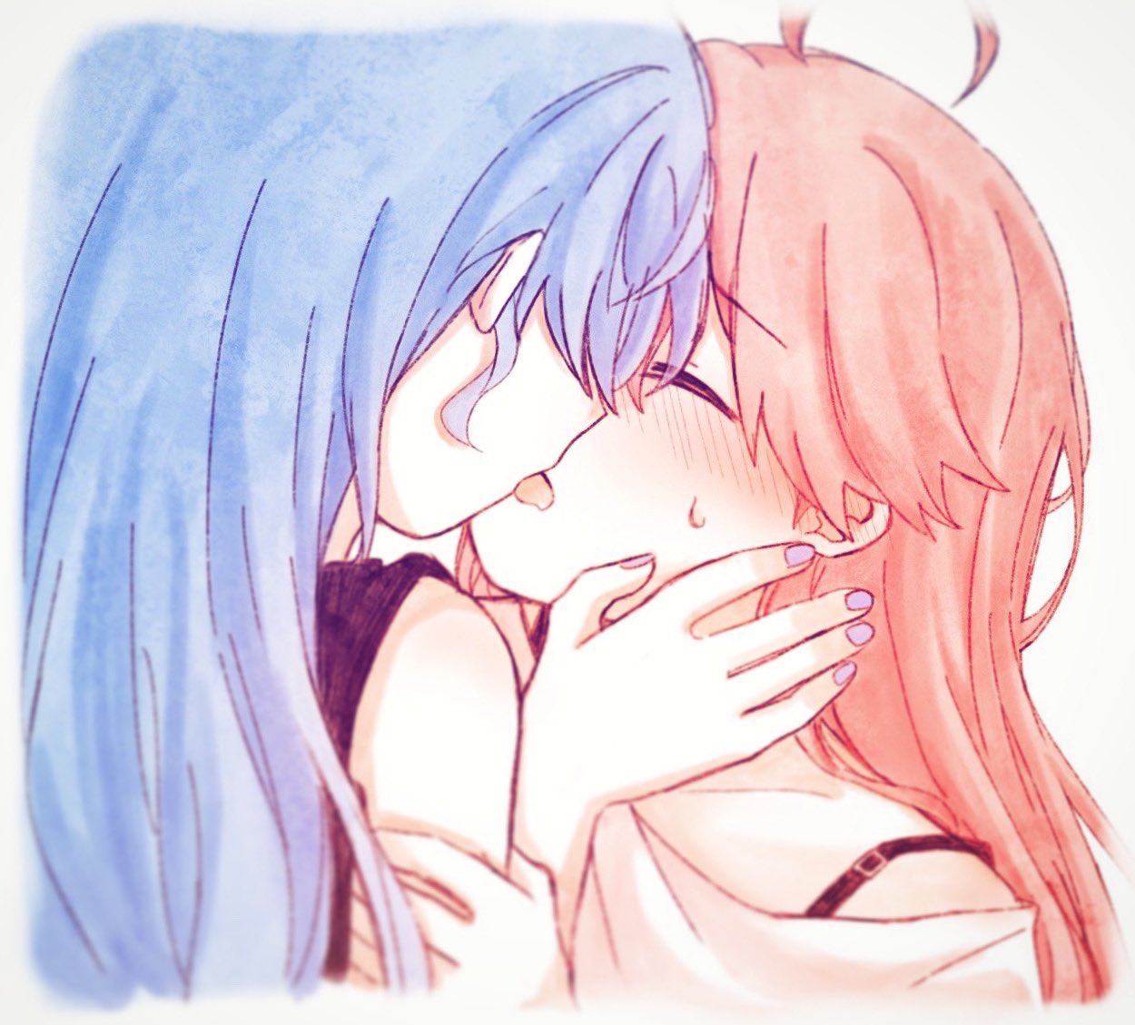 2girls ahoge blue_hair blue_nails blush closed_eyes ear_blush face-to-face facing_another hand_on_another's_face hand_up hololive hoshimachi_suisei kiss long_hair multiple_girls nail_polish open_mouth pink_hair portrait sakura_miko simple_background small_sweatdrop virtual_youtuber white_background yumi5469 yuri