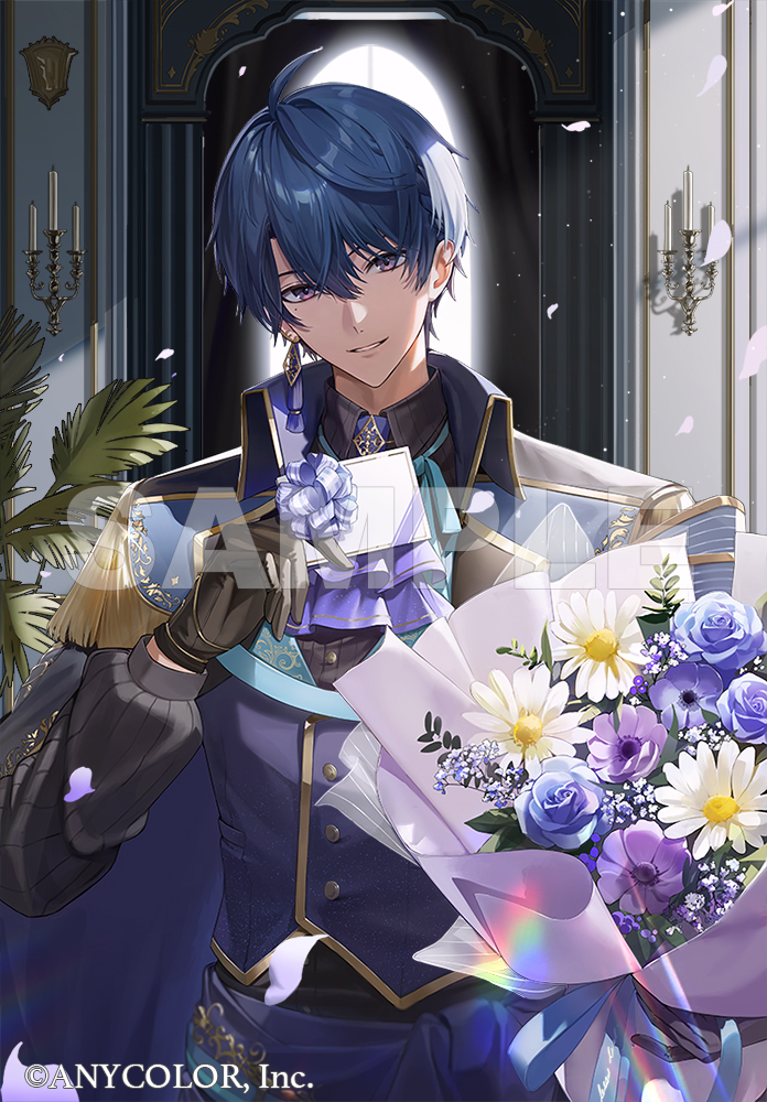 1boy anemone_(flower) arch ascot baby's-breath black_cape black_gloves black_shirt blue_cape blue_flower blue_hair blue_ribbon blue_rose blue_sash bouquet bow candle candlestand cape card collared_cape collared_shirt copyright_notice curtains daisy earrings epaulettes falling_petals flower gloves gold_trim hair_between_eyes harusaki_air holding holding_bouquet holding_card indoors jewelry long_sleeves looking_at_viewer male_focus mole mole_under_eye neck_ribbon nijisanji official_art parted_lips petals pinstripe_pattern pinstripe_shirt plant purple_ascot purple_bow purple_eyes purple_flower purple_vest ribbon rose sample_watermark sash shirt single_earring sjamki smile solo tassel tassel_earrings two-sided_cape two-sided_fabric upper_body vest virtual_youtuber watermark white_flower