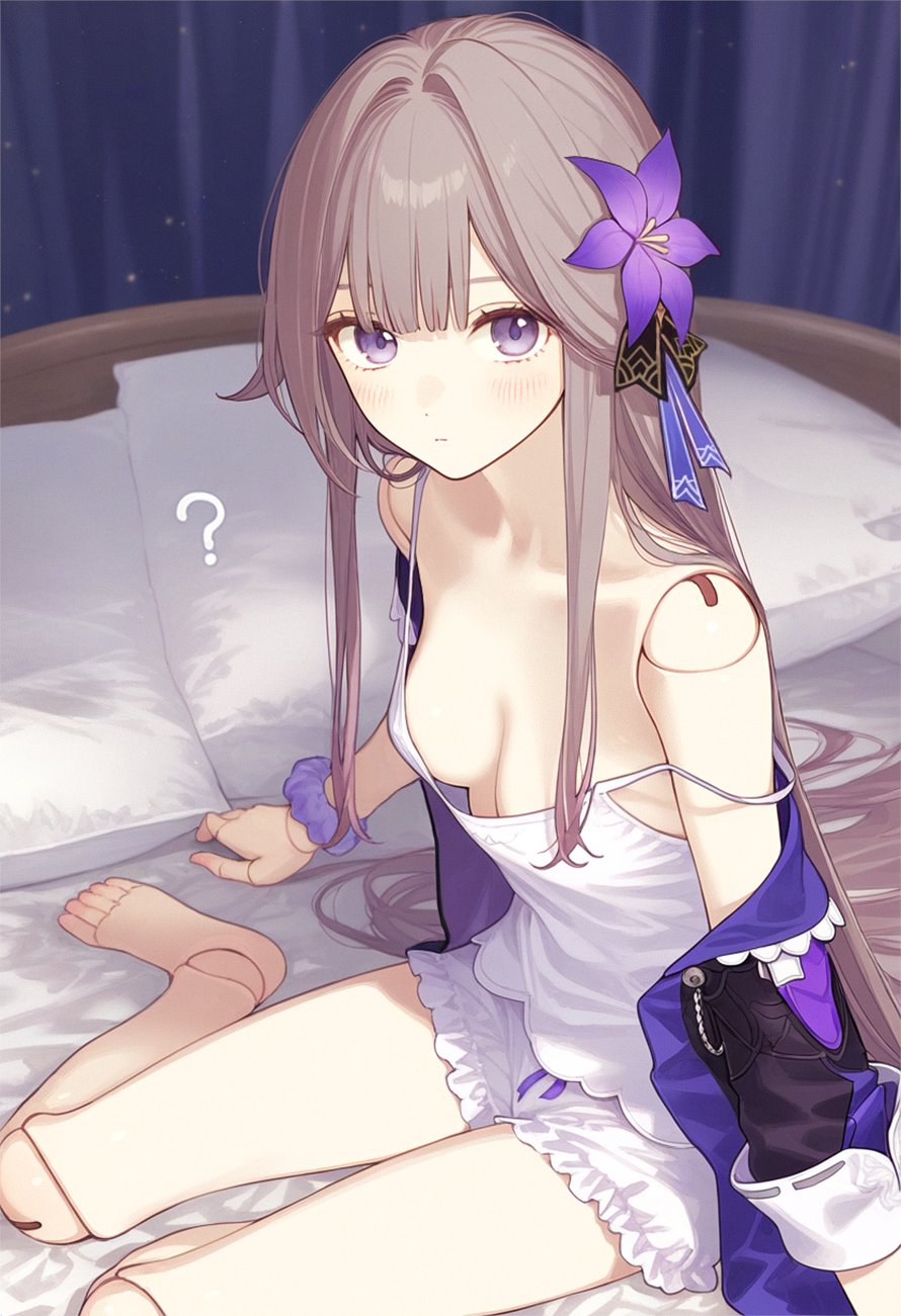1girl ? ai-assisted bare_shoulders bed bow breasts cleavage closed_mouth commentary_request doll_joints feet flower frilled_shorts frills hair_bow hair_flower hair_ornament herta_(honkai:_star_rail) highres honkai:_star_rail honkai_(series) jacket joints light_blush looking_at_viewer medium_breasts off_shoulder on_bed pajamas pillow poki_(j0ch3fvj6nd) scrunchie short_shorts shorts sitting solo spaghetti_strap strap_slip toes white_shorts wrist_scrunchie yokozuwari