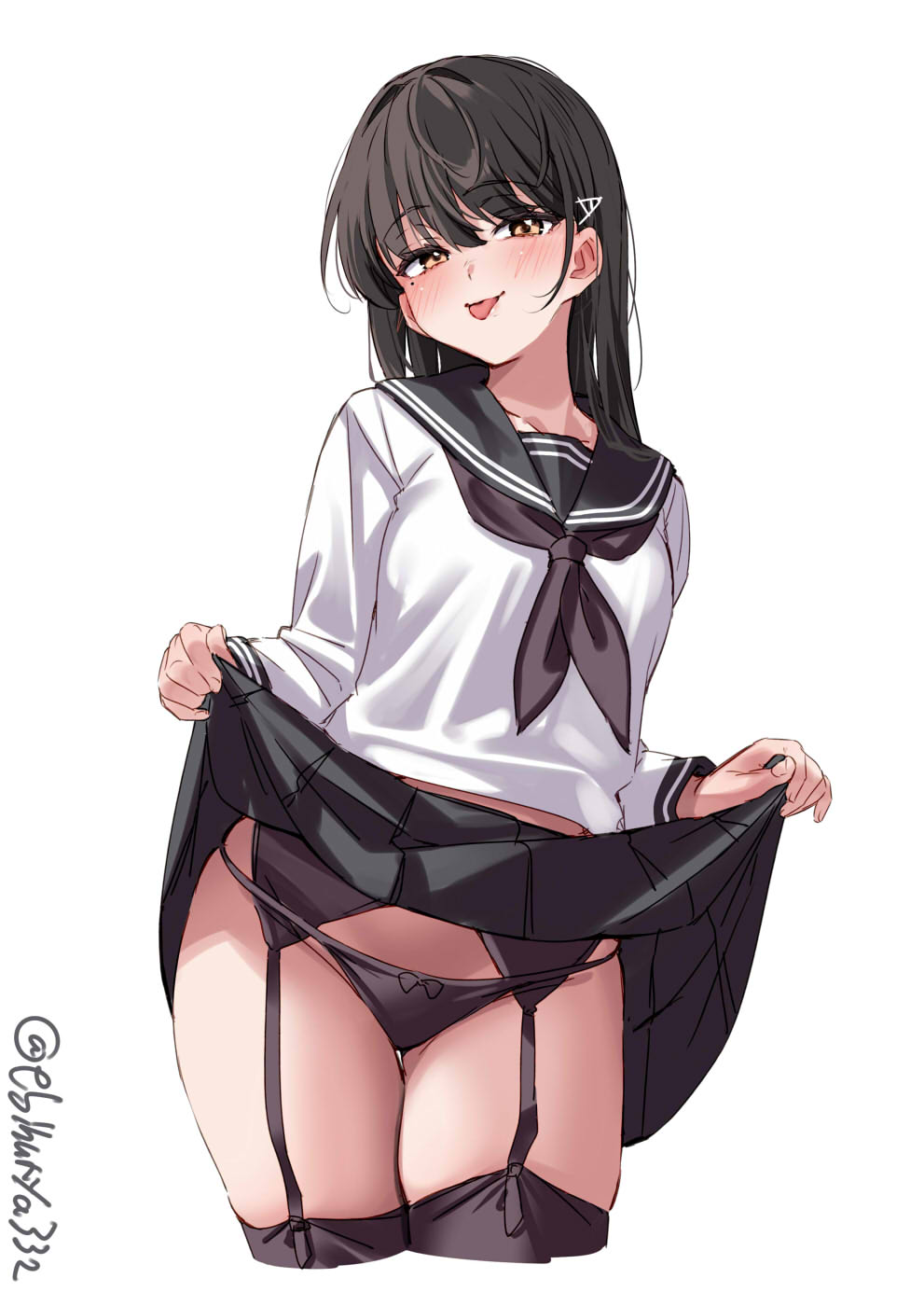 1girl artist_name black_hair black_neckerchief black_panties black_sailor_collar black_skirt black_thighhighs blush breasts brown_eyes clothes_lift cropped_legs ebifurya garter_belt hair_between_eyes hair_ornament hairclip half-closed_eyes hayashio_(kancolle) highres kantai_collection lifted_by_self looking_at_viewer mole mole_under_eye naughty_face neckerchief one-hour_drawing_challenge panties panties_over_garter_belt sailor_collar shirt sidelocks simple_background skirt skirt_lift small_breasts solo thigh_gap thighhighs thighs tongue tongue_out twitter_username underwear white_background white_shirt