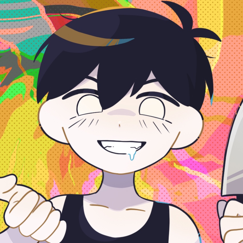 1boy black_hair black_tank_top collarbone colored_skin drooling evil_grin evil_smile grin holding holding_knife knife looking_at_viewer omori omori_(omori) parted_lips short_hair smile solo sr_ld_fr tank_top teeth upper_body white_skin