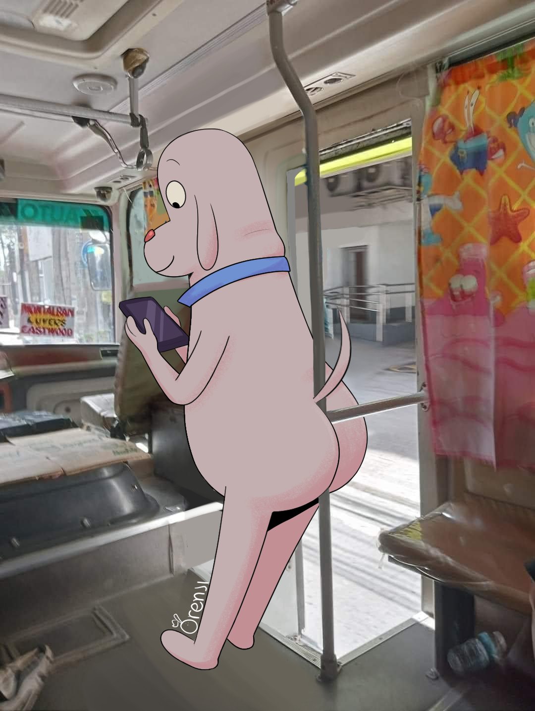 anthro butt canid canine canis cellphone collar dog_(robot_dreams) domestic_dog electronics hi_res male mammal orenji_ly phone photo_manipulation public_transportation robot_dreams smartphone solo