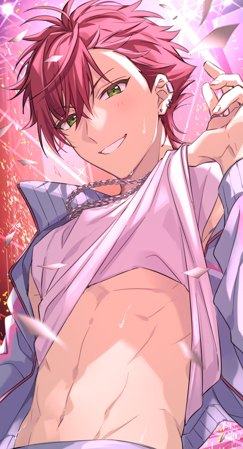 1boy chain_necklace clothes_lift earrings green_eyes helios_rising_heroes highres jacket jewelry male_focus midriff navel necklace otori_akira red_hair sekina shirt shirt_lift short_hair smile solo stomach teeth white_shirt