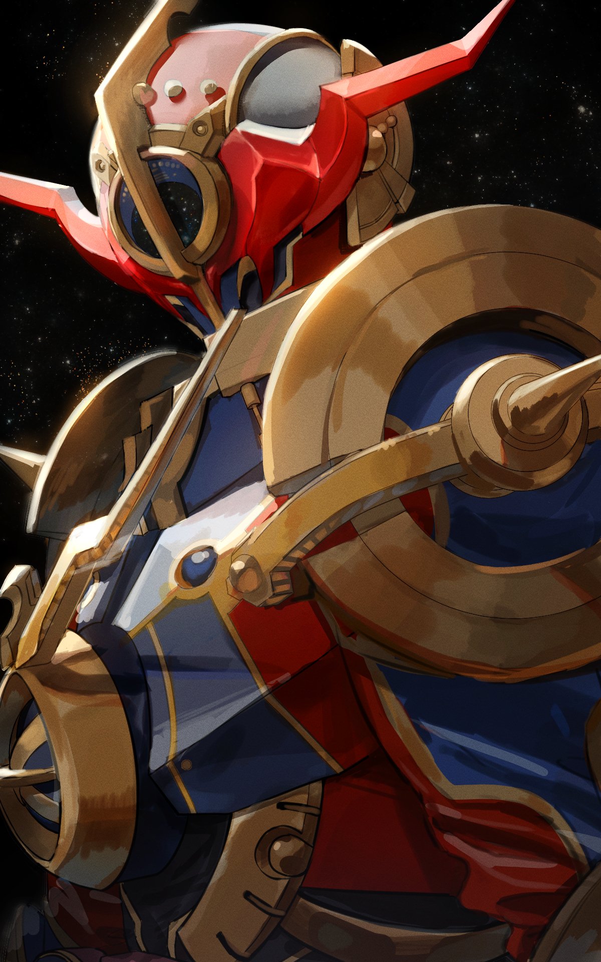 1boy alien armor blue_armor blue_background constellation constellation_print evolto gold_armor hand_on_own_hip highres ikanyoikanikan kamen_rider kamen_rider_build_(series) kamen_rider_evol looking_at_viewer male_focus red_armor science_fiction upper_body