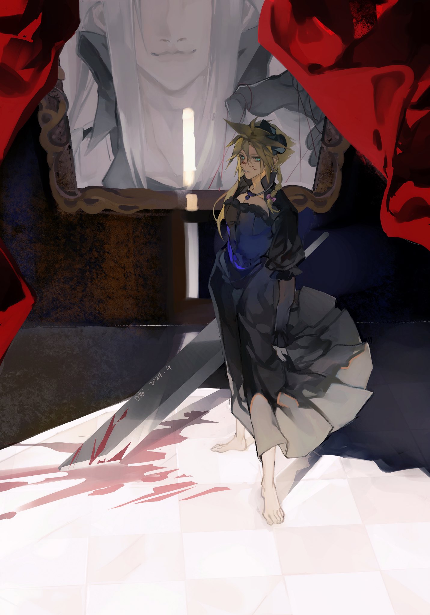 1boy barefoot black_gloves blonde_hair blood blood_on_face bow braid breasts buster_sword cleavage cloud_strife corset crossdressing curtains dark_persona darkness dress final_fantasy final_fantasy_vii final_fantasy_vii_remake gloves glowing glowing_eyes hair_bow headband high_collar highres holding holding_sword holding_weapon jewelry long_sleeves male_focus necklace painting_(object) parted_lips picture_frame possessed puffy_sleeves red_curtains ryona_kuma sephiroth slit_pupils smirk spiked_hair standing sword tiles twin_braids weapon