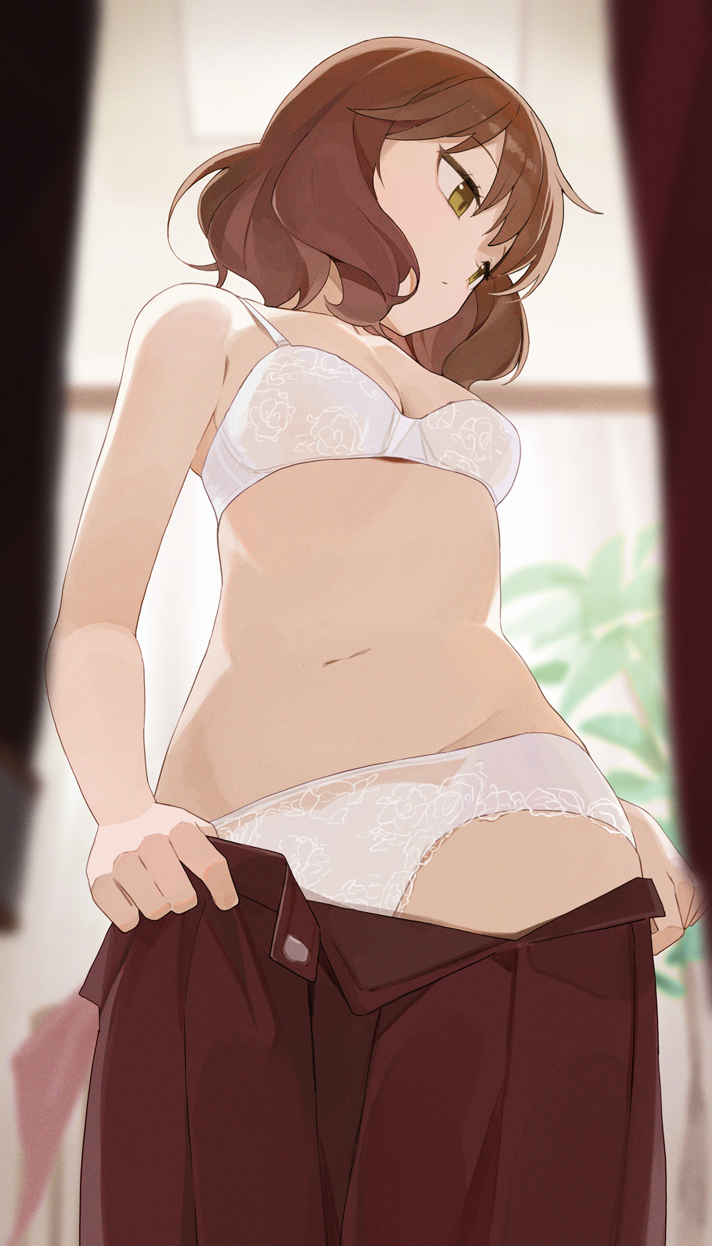 1girl blurry blurry_background bra breasts brown_hair brown_skirt clothes_pull commentary green_eyes hibike!_euphonium highres hiroki_(yyqw7151) looking_to_the_side medium_breasts navel oumae_kumiko panties short_hair skirt skirt_pull solo underwear white_bra white_panties