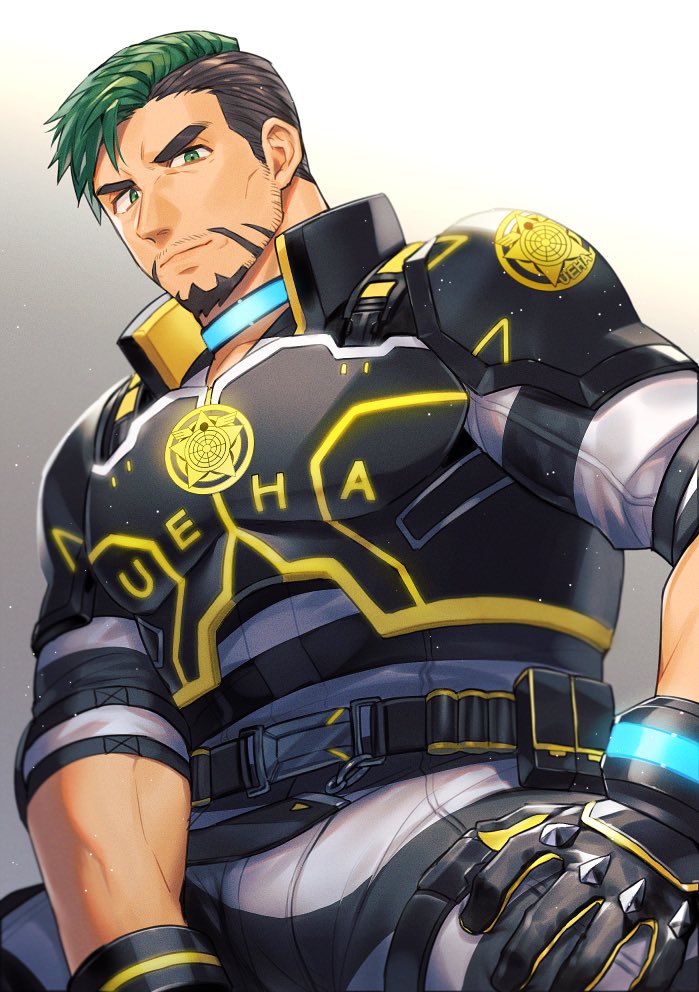1boy armor bara belt body_armor cowboy_shot facial_hair from_below gloves goatee gradient_background green_hair hand_on_own_thigh hozu_(hozumi) live_a_hero looking_at_viewer male_focus muscular muscular_male mustache_stubble official_alternate_costume pauldrons shoulder_armor solo striped_clothes stubble tadakono_okitaka_(live_a_hero) utility_belt