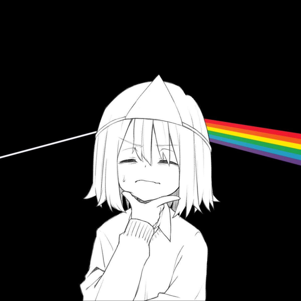 1girl album_cover_redraw collared_shirt dark_side_of_the_moon derivative_work facing_viewer frown hand_on_own_chin hand_up highres idou_kyoushitsu layered_clothes original parody partially_colored pink_floyd rainbow shirt short_hair simple_background small_sweatdrop solo stroking_own_chin sweater thinking triangular_headpiece upper_body v-shaped_eyebrows