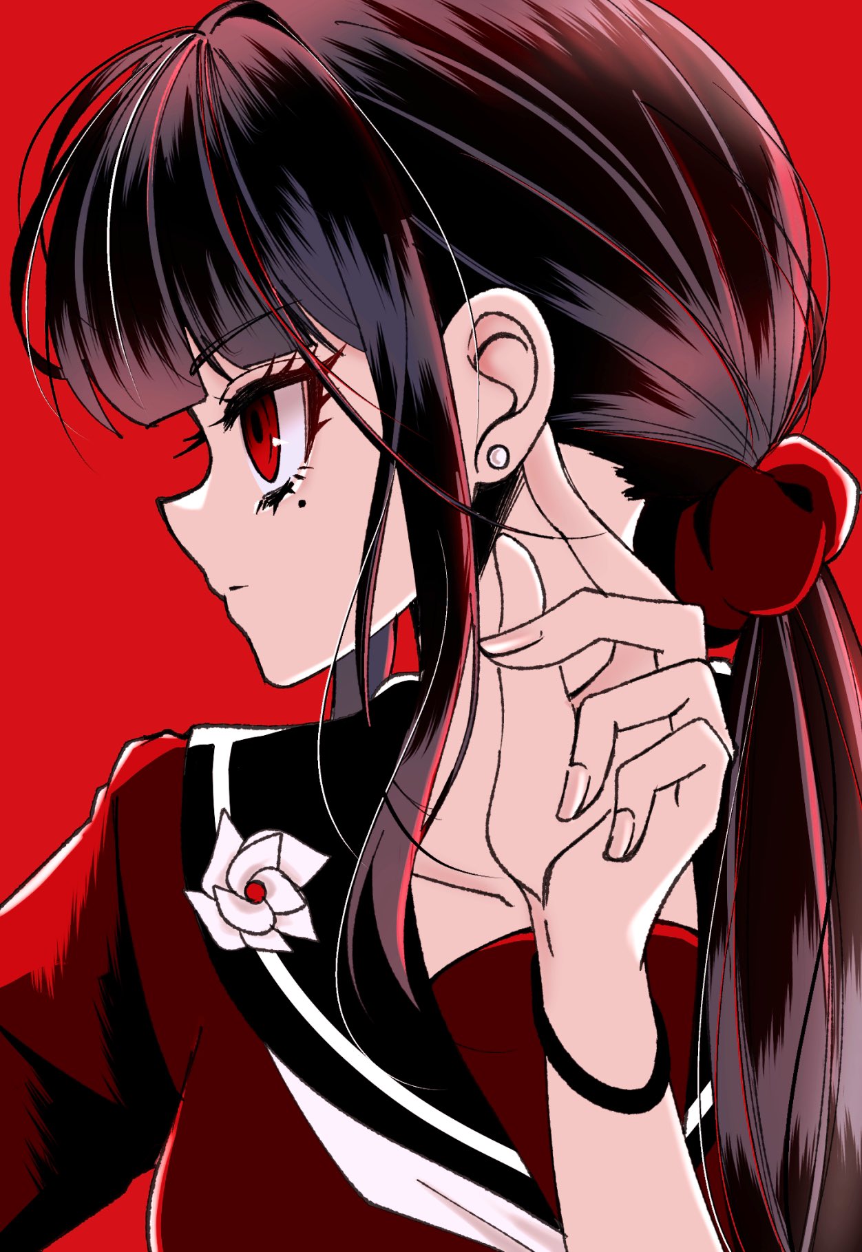 1girl black_hair black_sailor_collar blunt_bangs breasts danganronpa_(series) danganronpa_v3:_killing_harmony earrings hand_up harukawa_maki highres jewelry long_hair medium_breasts mole mole_under_eye profile red_background red_eyes red_scrunchie red_shirt sailor_collar satori_(aosky9077) scrunchie shirt simple_background solo upper_body