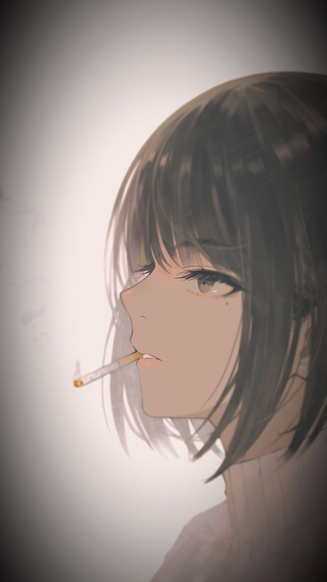 1girl black_hair bob_cut cigarette eyelashes from_side grey_eyes highres mole mole_under_eye original parted_lips portrait profile ribbed_sweater smoke smoking solo sweater tokiti turtleneck turtleneck_sweater vignetting white_sweater