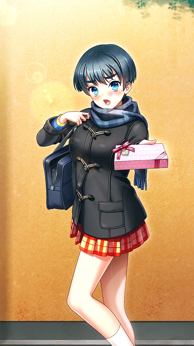 1girl bag black_coat black_hair blue_eyes blue_scarf bob_cut box coat day doukyuusei_2 doukyuusei_another_world embarrassed from_side game_cg gift gift_box holding holding_box kneehighs long_sleeves looking_at_viewer miniskirt official_art open_mouth outdoors plaid plaid_scarf plaid_skirt pleated_skirt scarf school_bag shinohara_izumi short_hair skirt socks solo standing valentine white_socks