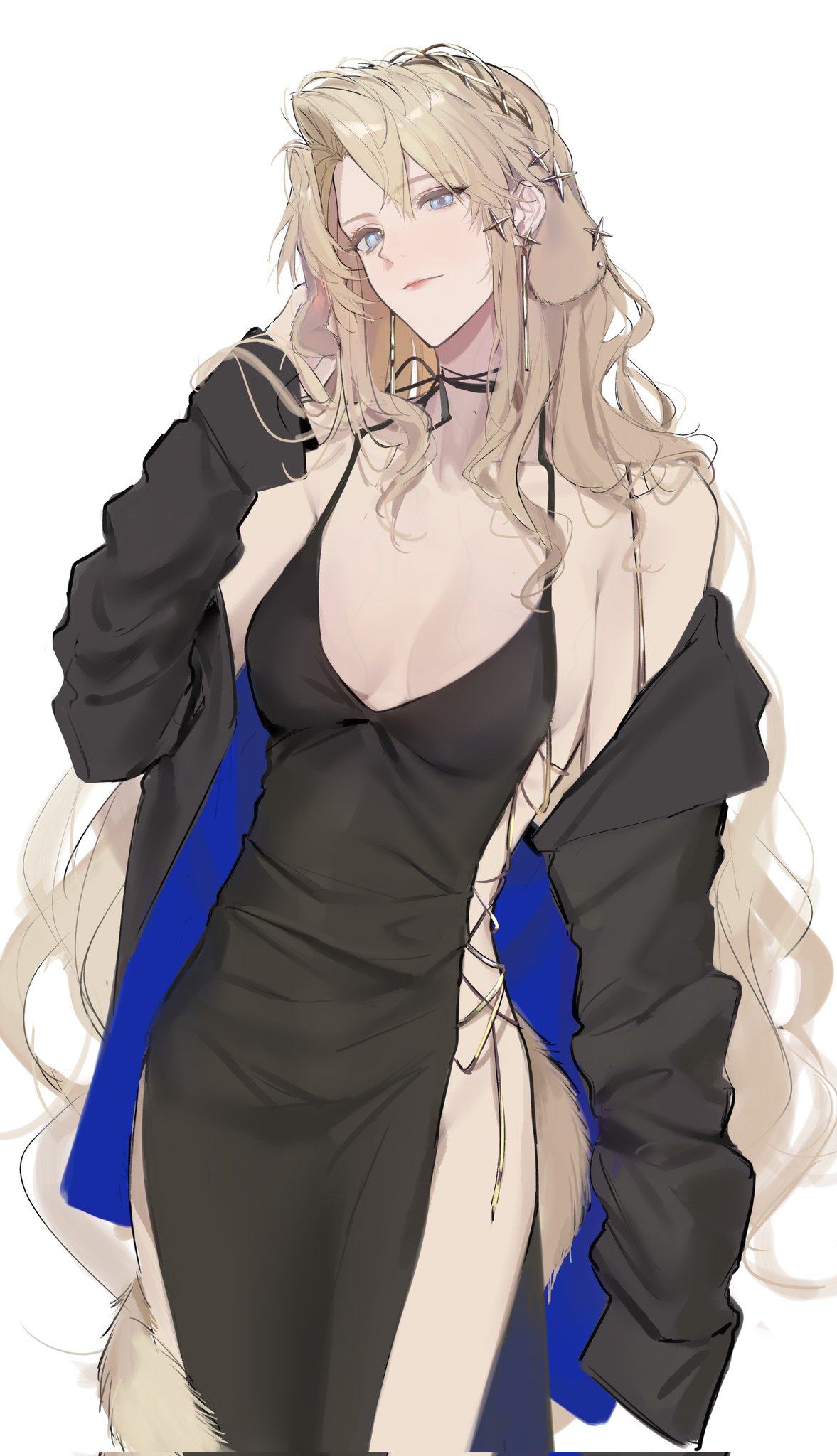 1girl animal_ears arknights black_dress black_jacket blue_eyes breasts cleavage closed_mouth collarbone commentary corrupted_twitter_file cowboy_shot dog_ears dog_tail dress droopy_ears hair_ornament highres jacket joshua_(shisanli934) kristen_(arknights) light_brown_hair long_hair long_sleeves looking_at_viewer medium_breasts open_clothes open_jacket pelvic_curtain side_slit sidelocks simple_background solo standing symbol-only_commentary tail very_long_hair white_background