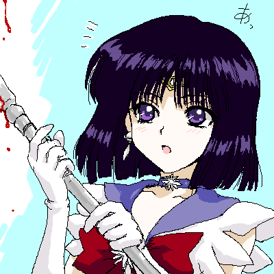 1girl :o bad_id bishoujo_senshi_sailor_moon blood blood_on_weapon blue_background blunt_ends blush bob_cut bow bowtie brooch choker close-up commentary glaive_(polearm) gloves holding holding_weapon incoming_attack jewelry leotard light_blush looking_afar looking_ahead lowres magical_girl notice_lines oekaki open_mouth pixel_art polearm portrait purple_choker purple_eyes purple_hair purple_sailor_collar red_bow red_bowtie sailor_collar sailor_saturn sailor_senshi_uniform short_hair shou_(akuma_no_ryouiki) silence_glaive sleeveless solo star_(symbol) star_brooch star_choker tiara tomoe_hotaru translated weapon white_background white_gloves white_leotard