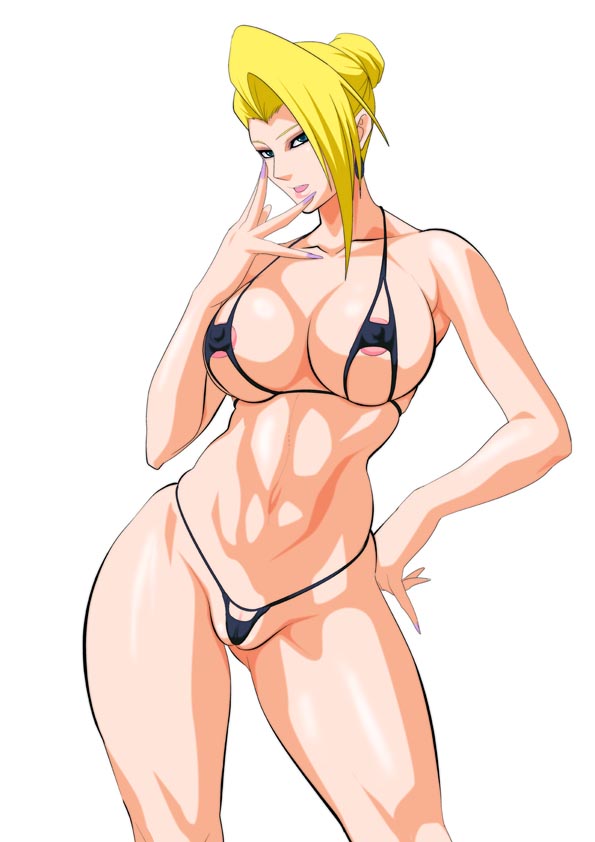 areola_slip areolae bangs bikini blonde_hair blue_eyes breasts cameltoe collarbone contrapposto curvy earrings fingernails g-string hair_bun hair_over_one_eye hand_on_hip jewelry labia large_breasts lime_(purple_haze) long_fingernails mature_(kof) micro_bikini nail_polish navel panties partially_visible_vulva sharp_fingernails short_hair skindentation solo standing swimsuit the_king_of_fighters thong underboob underwear white_background