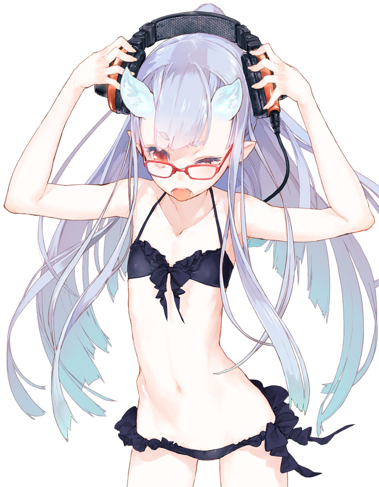 :p bikini blue_hair collarbone flat_chest glasses gradient_hair headphones horns ji_no long_hair multicolored_hair navel open_mouth original pointy_ears red-framed_eyewear red_eyes solo swimsuit tongue tongue_out wince