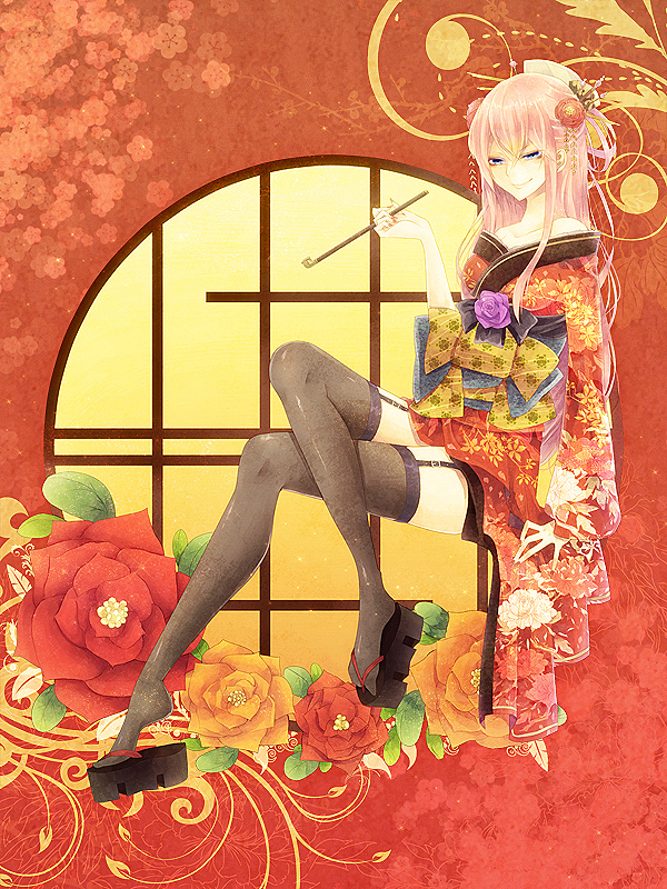 blue_eyes clog_sandals crossed_legs flower garter_straps hair_flower hair_ornament japanese_clothes kimono kiseru legs long_hair megurine_luka pink_hair pipe ragi_(pluie) round_window seductive_smile sitting smile solo thighhighs vocaloid window