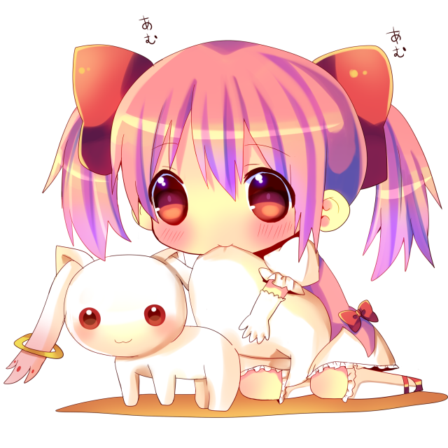 :3 bad_id bad_pixiv_id biting blush chibi chocolat_(momoiro_piano) gloves hair_ribbon kaname_madoka kyubey mahou_shoujo_madoka_magica pink_eyes pink_hair pink_skirt red_eyes ribbon sitting skirt tail tail_biting twintails white_gloves