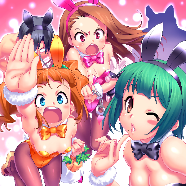 3girls brown_eyes brown_hair bunny bunnysuit carrot foreshortening green_eyes green_hair idolmaster idolmaster_(classic) idolmaster_2 long_hair minase_iori mole mole_under_mouth multiple_girls otonashi_kotori pantyhose producer_(idolmaster) red_eyes short_hair silhouette takagi_junjirou takatsuki_yayoi wrist_cuffs zen