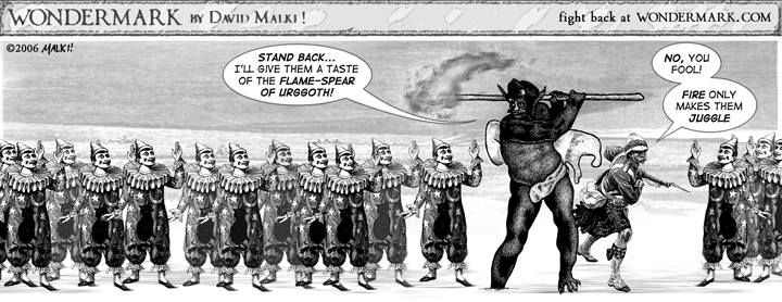 beach clowns comic david_malki demon edit explorer fire flaming_spear greyscale gun human illustration mammal monochrome old_fashioned old_fashioned_illustration pith_helmet polearm ranged_weapon rifle seaside shopped spear surrounded weapon what wondermark