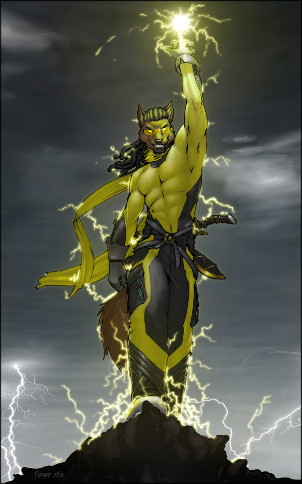 black_hair canine cloud electricity energy eyewear glasses gloves hair lightening lightning male mammal outside power ribbons scarf smile solo strype sunglasses sword walking weapon yellow yellow_body yellow_eyes
