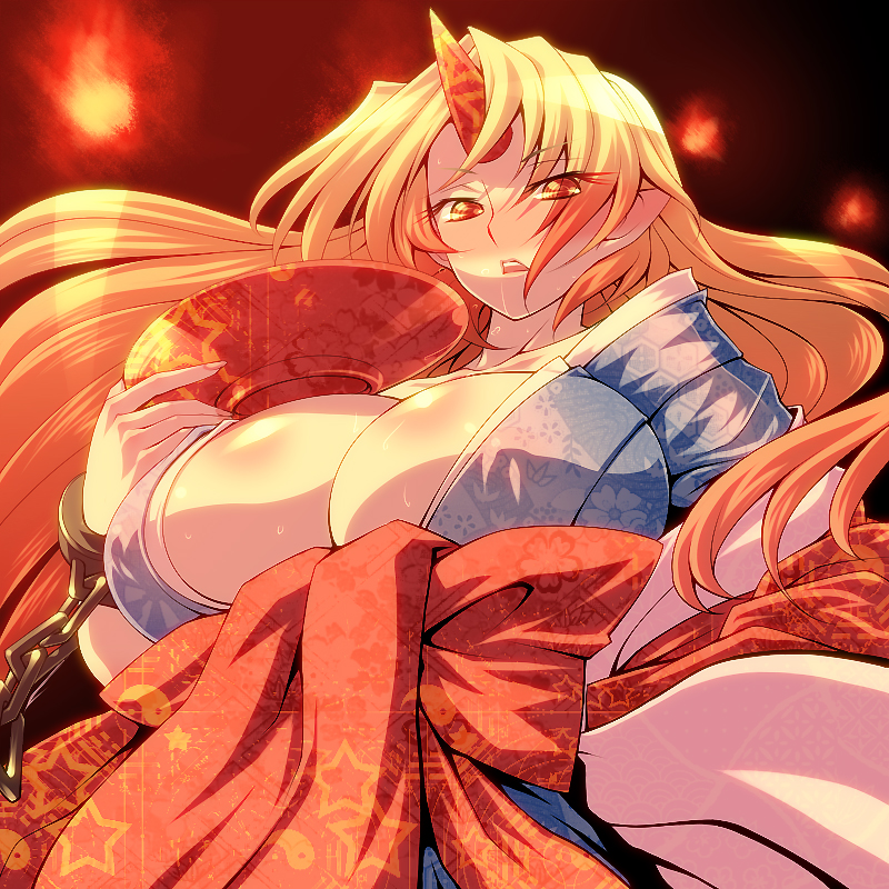 blonde_hair blush breasts cleavage cuffs cup ear_blush horn hoshiguma_yuugi hoshiguma_yuugi_(promo) huge_breasts japanese_clothes kimono long_hair pointy_ears red_eyes sakazuki solo sweat touhou tro