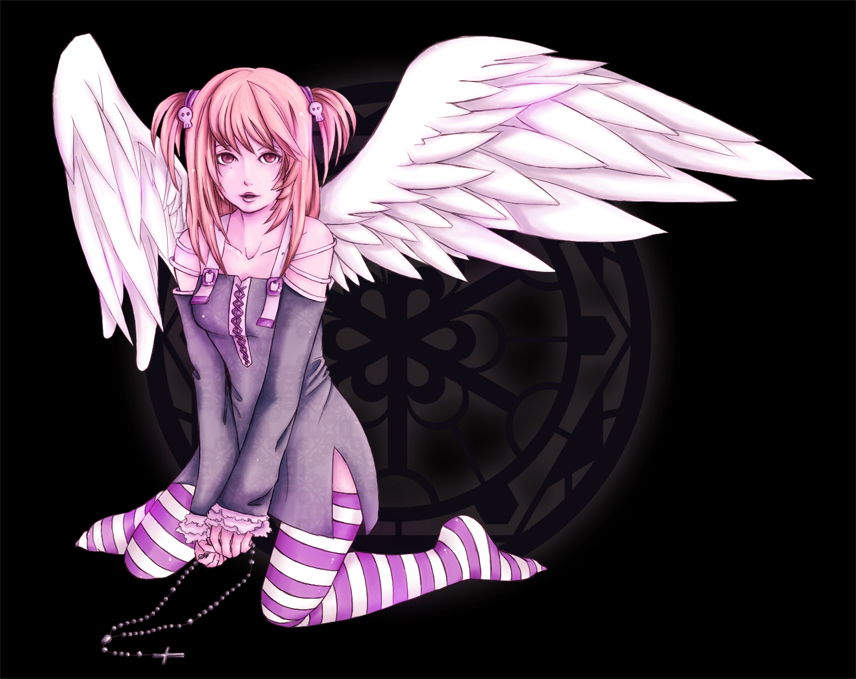 amane_misa angel_wings blonde_hair cross death_note gothic jewelry pendant red_eyes thigh-highs thighhighs twintails wings