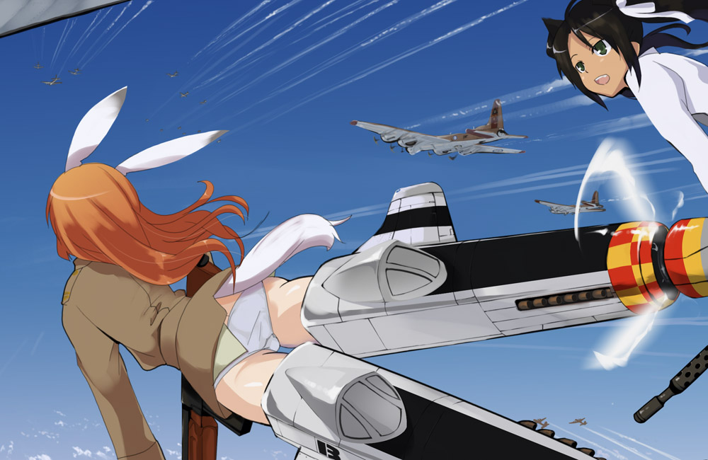 aasara aircraft airplane animal_ears ass b-17_flying_fortress bomber charlotte_e_yeager flying francesca_lucchini military military_vehicle multiple_girls panties strike_witches striker_unit tail underwear world_witches_series